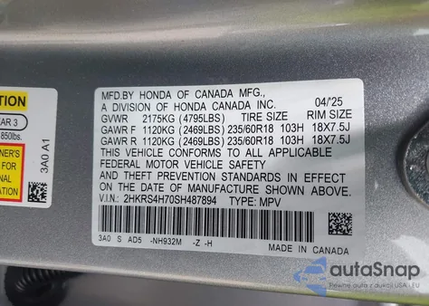 2025 Honda Cr-V Ex-L Awd from USA, damaged, VIN 2HKRS4H70SH487894